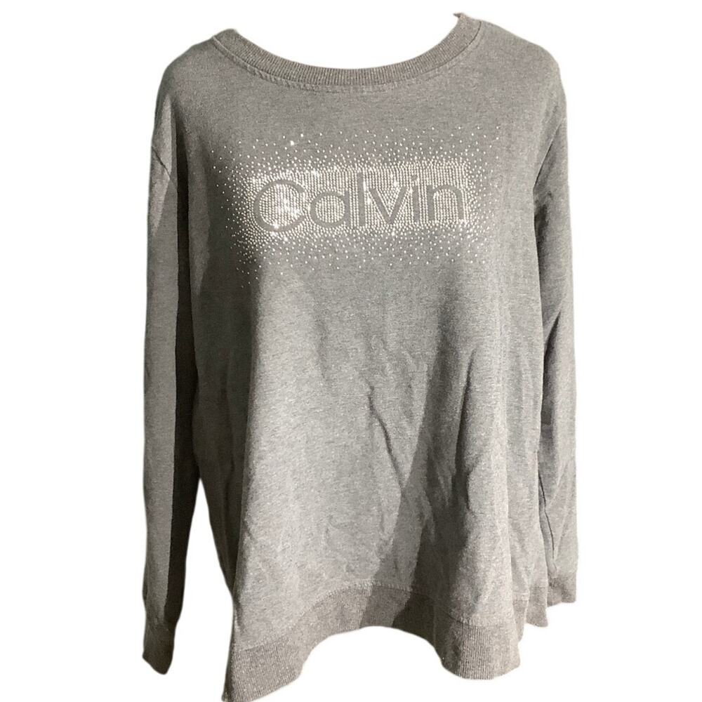 Calvin Klein Gray Rhinestone Logo Sweater Women’s XL — Y2K, Glam, Athleisure